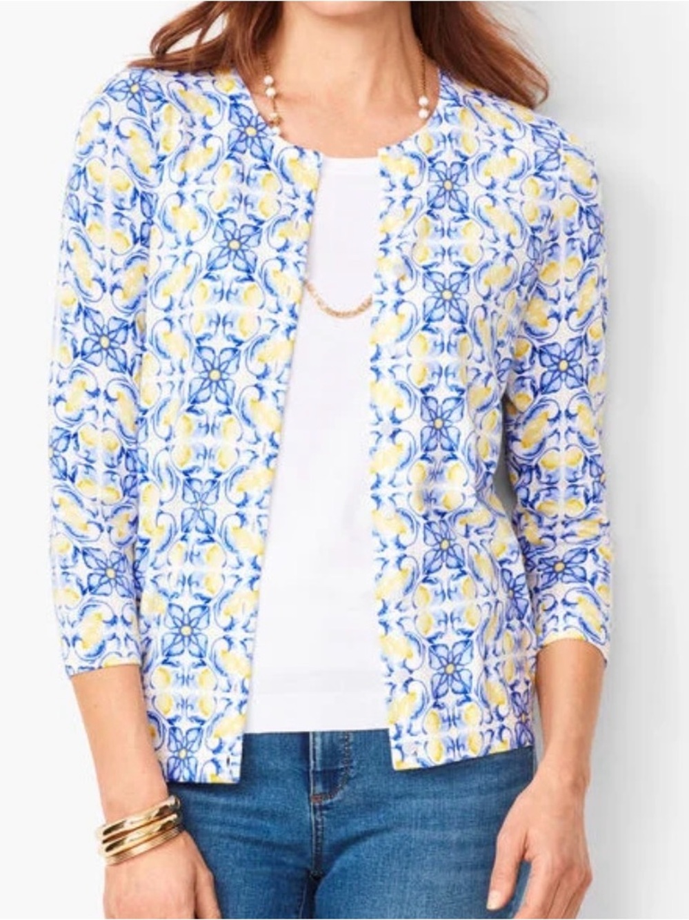 Talbots Lemon and Flower Patterned Button-Front Cardigan Size Medium